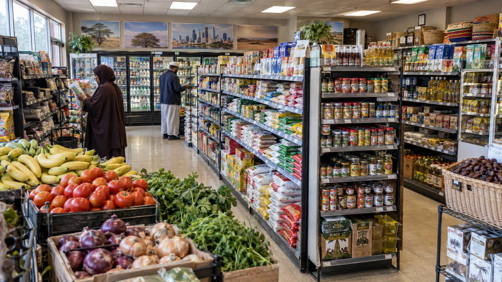 Inside a Somali halal market: produce crates at the front, stocked aisles and shoppers toward the back.